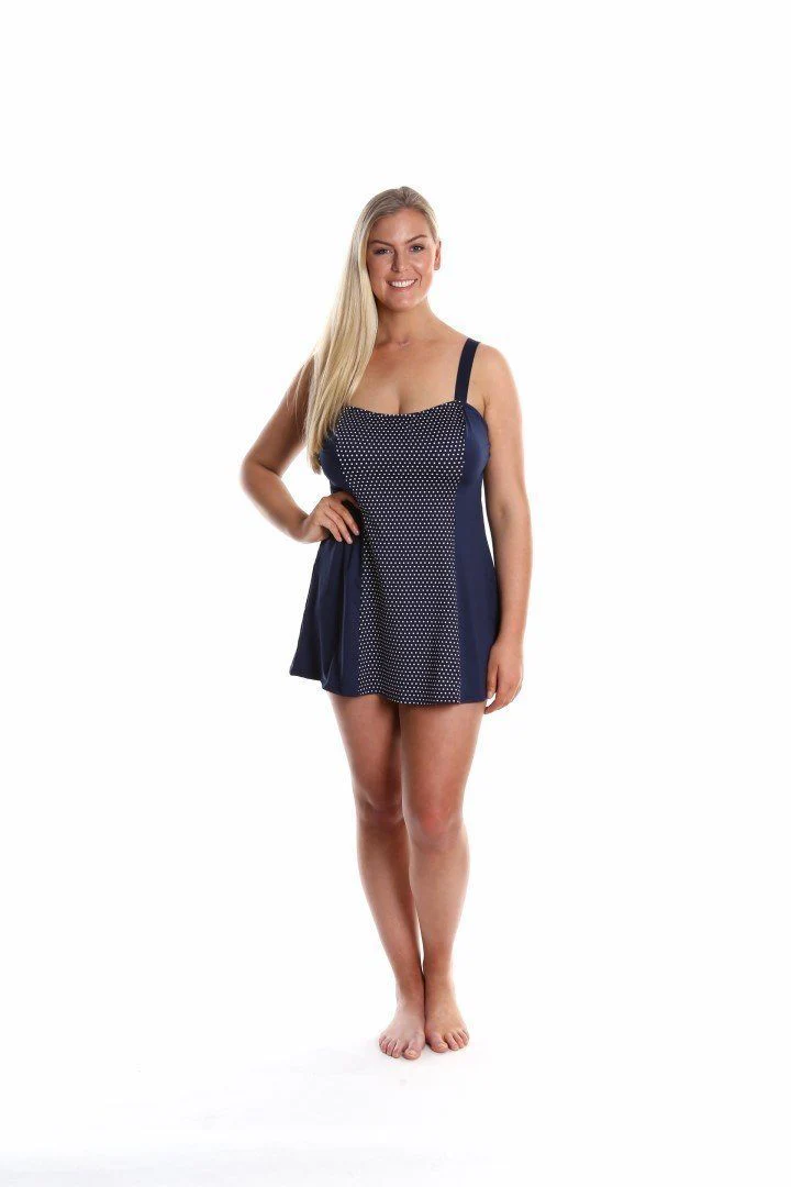 Capriosca Navy and White Dots Wide Strap Swim Dress CRESD79910 - Image 4