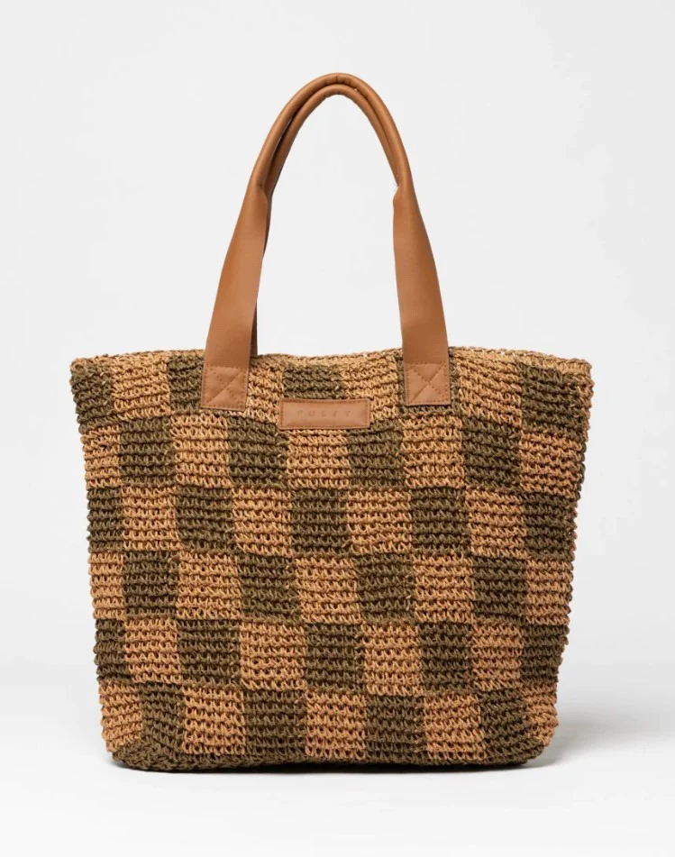 Rusty Chocolate Checkmate Straw Beach Bag BFL1162 - Image 2