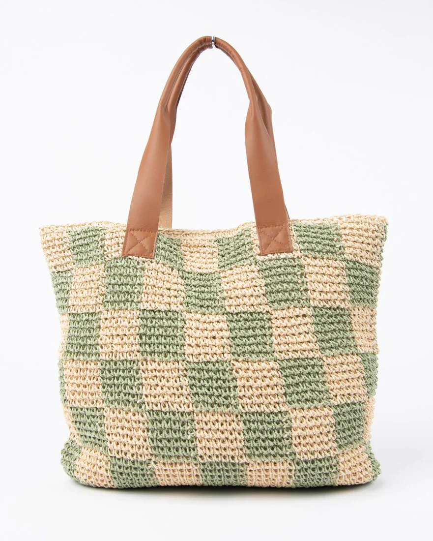 Rusty Natural/Mint Checkmate Straw Beach Bag BFL1162 - Image 2